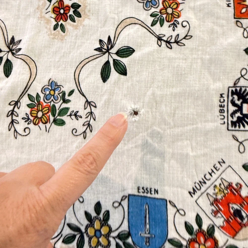 Vintage German Cities Souvenir Tablecloth Floral Crests Coats of Arms White
